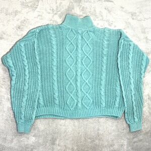 Wainscott Womens M Turquoise Cable Knit Mock Neck Chunky Sweater Ramie Cotton